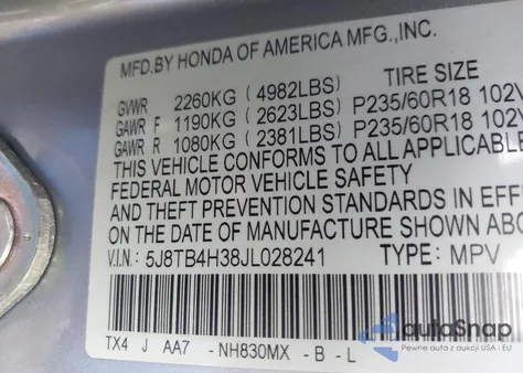 2018 Acura Rdx Acurawatch Plus Package from USA, damaged, VIN 5J8TB4H38JL028241